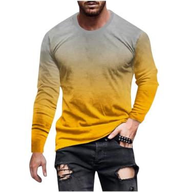 Imagem de Camisetas masculinas de gola redonda para homens manga longa gradiente gráfico verão outono 2024 moda, O-723 Amarelo Mostarda, XG