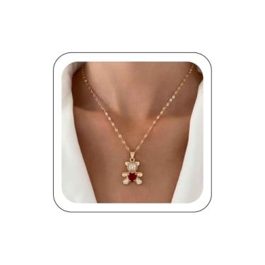 Imagem de Zeshimb Colar de urso de zircônia cúbica, coração vermelho, cristal, urso de pelúcia, colar com pingente de urso de animal fofo, colar de corrente fina de ouro, joia feminina, Metal