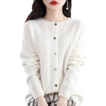 Imagem de Cardigan feminino sem costura cardigan feminino gola redonda cardigã de malha outono e inverno fino moda quente suéter básico, branco, l