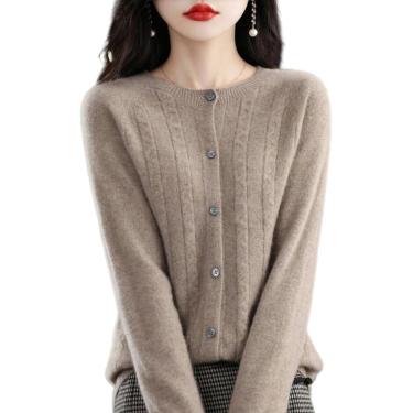 Imagem de Cardigan feminino sem costura cardigan feminino gola redonda cardigã de malha outono e inverno fino moda quente suéter básico, camelo, s