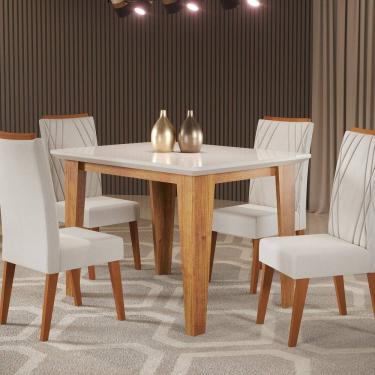 Imagem de Mesa de Jantar Retangular Divine com Vidro 1,20x90 e 4 Cadeiras Vegas em Madeira Maciça Mel/Off White/Marfim
