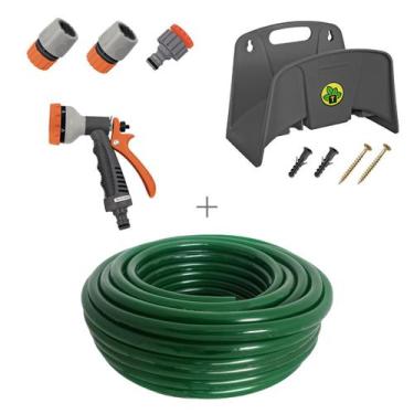 Imagem de Kit mangueira siliconada 20m para jardim verde com esguicho 6 jatos e 