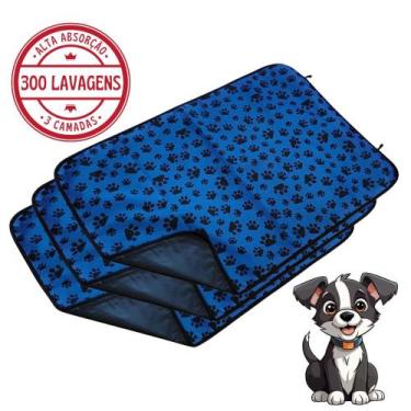 Imagem de Kit com 3 Fraldas de Cães p/Chão 100x70 Patinha Azul c/Ganchos - 300 L