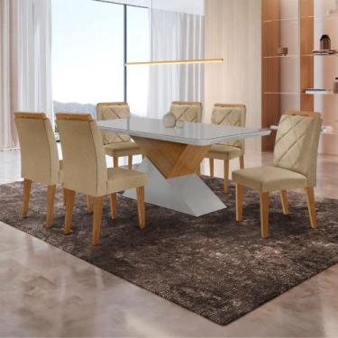 Imagem de Mesa para Sala de Jantar Aster 180cm MDF Canto Copo com Vidro e 6 Cade