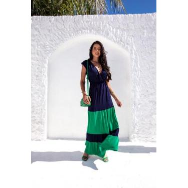 Imagem de Vestido Longo Decote Transpassado Saia Bicolor - luh may, Azul, M