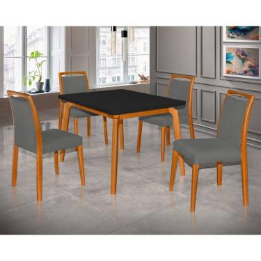 Imagem de Mesa Jantar Luxo Jade 120X90cm Preto Com 4 Cadeiras Estofadas Linho Cinza Escuro Base Madeira Maciça 