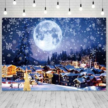 Imagem de Cenário de vila natalina 2,4 x 1,8 m cenário de neve de inverno para fotografia, decorações de festa de Natal, adereços de cabine de fotos de estúdio
