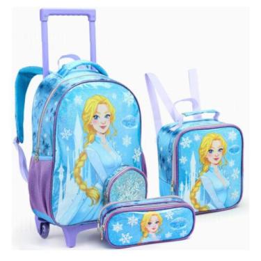 Imagem de Mochila Rodinha Lancheira Térmica Estojo Frozen Azul Menina(KT42151) -