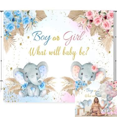 Imagem de Caaerttply Pano de fundo revelador de gênero de elefante para fotografia 3 x 2,4 m, pano de fundo para fotos de chá de bebê, o que será o bebê, fundo de flor rosa e azul, decoração de festa