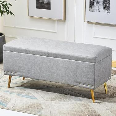 Imagem de Banqueta para pés otomana de couro sintético macio, decoração retangular moderna para móveis, bancos multifuncionais, banco de armazenamento luxuoso, cinza claro, 80 x 40 x 45 cm (31 x 16 x 18