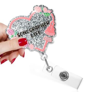 Imagem de TOUNER Carretel de crachá engraçado Sonographer Life com glitter, suporte de crachá com clipe jacaré giratório 360 para técnico de ultrassom, presentes de aniversário para maternidade, enfermeira,