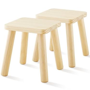 Imagem de Beright Banquetas de madeira para crianças, banqueta infantil com mesa sensorial, banquinho resistente com quatro pernas montadas, para crianças, crianças, quadradas, pacote com 2