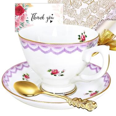 Imagem de Conjunto de xícara de chá e pires para 1, xícaras de chá de porcelana vintage com pires, porcelana, estampa floral bonita, acabamento dourado, bebida, xícaras de café expresso, com alça, presentes