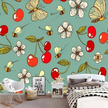 Imagem de Lcythiazole Papel de parede de abelha pintado à mão papel de parede borboleta mural floral papel de parede cereja para sala de estar, quarto, quarto infantil, tamanho personalizável