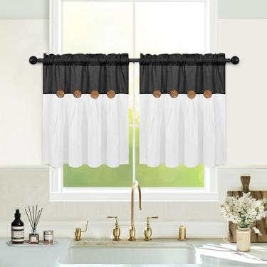 Imagem de Cortinas de cozinha Boho de 61 cm de comprimento, cortinas de linho de algodão de fazenda, cortinas curtas de botão rústico para janelas, cortinas pretas de café country, cortinas de janela pequenas