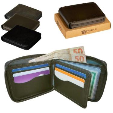 Imagem de Carteira Masculina Zíper Couro Legítimo Porta Cartão Moeda Documentos 