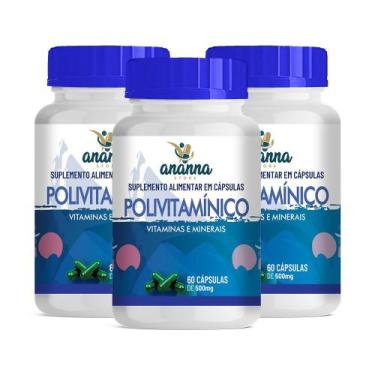 Imagem de 3x Suplemento Polivitamínico Vitaminas e Minerais 60 Caps 500mg - Anan