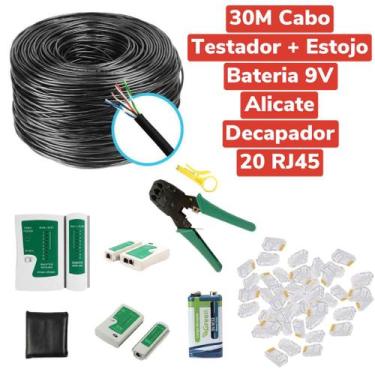 Imagem de Kit 30m Cabo Rede PT +20 Rj45 + Alicate + Testador Cabo+Bateria - MERC