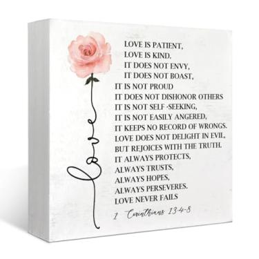Imagem de XYDEG Love Is Patient Love Is Kind Placa de madeira para mesa, versículo bíblico 1 Corinthians 13:4-8 Sinais de madeira, presentes de casamento cristão, decoração de casa doce de fazenda, 12 x 12 cm
