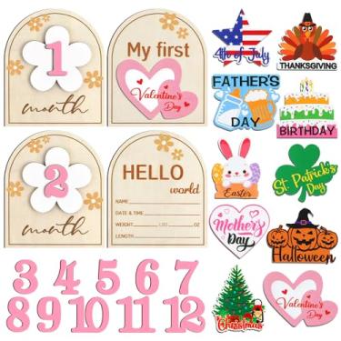 Imagem de Vercraft Cartões de marco mensal do bebê, placas de marco de madeira, intercambiáveis, primeiro feriado, conjunto de números de anúncio de bebê, discos de madeira para gravação de crescimento do bebê,