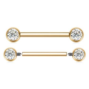 Imagem de FUNLMO 1 par de anéis de mamilo de 14 g, joias de piercing de mamilo com costas planas G23, joia de mamilo de titânio, roscada, internamente, barra, língua, ponte, joia para mulheres, Titânio