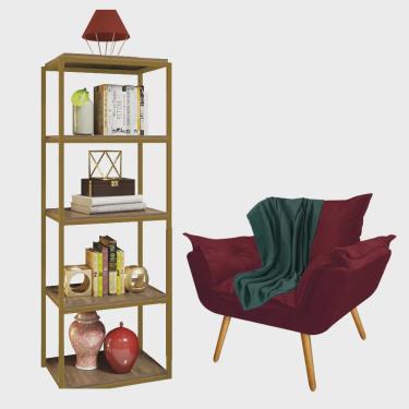 Imagem de Kit Poltrona Fatte com Manta Soft Verde e Estante Livreiro Ferro Dourado mdf Rústico Su...