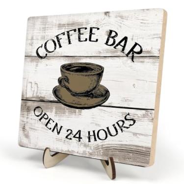 Imagem de Placa de placa de café, decoração vintage de estação de café de fazenda – placa de bar aberta 24 horas para café, casa ou escritório, arte de parede de cozinha rústica, acessórios para cafeterias