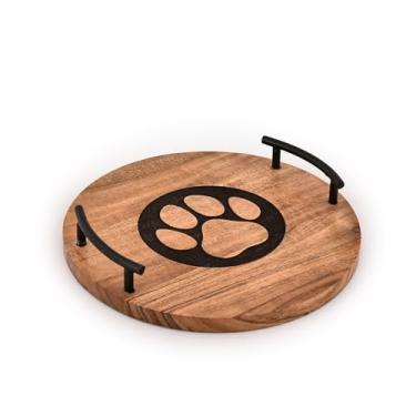 Imagem de Bandeja de servir Kaizen redonda de madeira de acácia com alças de ferro bandeja decorativa para mesa de centro - decoração de bandeja otomana redonda (25,4 cm x 25,4 cm x 4,4 cm)
