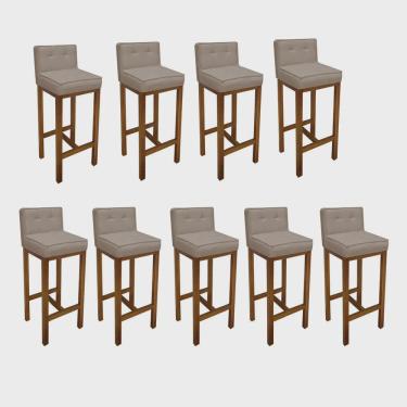 Imagem de Kit 09 Banqueta Alta Com Encosto Alba Cozinha Balcão Bistrô Base Madeira Carvalho Corino Bege - Ahz Móveis