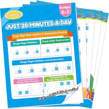 Imagem de Caderno de exercícios de adição e subtração 1ª série Planilhas de matemática de um dígito para escola em casa do jardim de infância, 56 páginas frente e verso, 5 tipos de perguntas para idades de 4 a