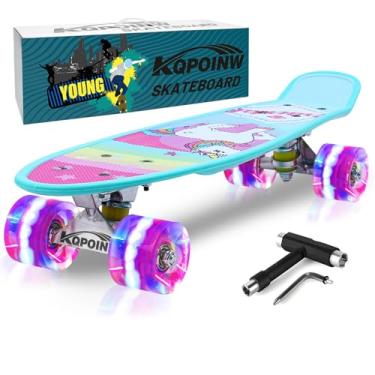 Imagem de Kqpoinw Skate infantil, skates completos de 56 cm para crianças, adolescentes, meninas, iniciantes, prancha de skate com padrão de unicórnio, rodas coloridas com iluminação LED, ferramenta de skate