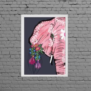 Imagem de Quadro Elefante Indiano Rosa Com Flores 45X34Cm - Branca