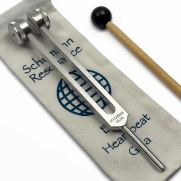 Imagem de Diapasão Schumann de 93,96 Hz com engrama World Grid - Bolsa de transporte e atacador - Instrumentos de cura de som e harmonização de biocampo - Alinhamento de chakra - Ferramentas de terapia de