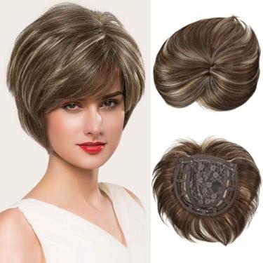 Imagem de MIMAN Short Pixie Hair Toppers Para Mulheres, Castanho, Loiro Misto, Fofo, Cobrindo Apliques Com Franja, Topper Sintético, Desbaste, Aparência Natural, Clipe