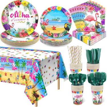 Imagem de Kochorie Conjunto De 193 Itens Para Festa Havaiana Luau, Toalha Mesa Tropical Descartável, Pratos Papel, Guardanapos, Copos, Canudos E Talheres Decoração Praia Verão, Estilo Aloha, Serve 24 Convidad