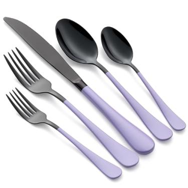 Imagem de DINYWOW Conjunto De Talheres 20 Peças Roxo E Preto Para 4 Pessoas, Aço Inoxidável Com Cabo Roxo, Inclui Garfos, Colheres, Facas, Utensílios Laváveis Na Máquina Lavar Louça, Casa Restaurante