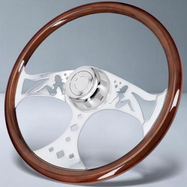 Imagem de SORGHUM Volante 18" De Madeira Maciça - 3 Raios, Alumínio Cromado, Clássico Com Botão Buzina Para Caminhões, Compatível Mack Kenworth Peterbilt Volvo Freightliner-Girl Pattern