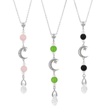 Imagem de DELORIGIN 3 peças de enfeites para pendurar no carro, estrela da lua, vidro, boho, pingente de carro, berloques, contas de cristal arco-íris, apanhador de sol, acessórios de espelho retrovisor para