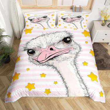 Imagem de Manfei Conjunto de capa de edredom infantil de avestruz, conjunto de cama de animal selvagem para decoração de quarto de meninos e meninas, estrelas amarelas e listras rosa, capa de edredom de