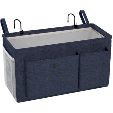 Imagem de Edudif Organizador de cabeceira com alças fixas e suporte de garrafa de água, suporte de beliche ideal para casa, dormitório, hospital, berço, solução versátil de armazenamento de cabeceira (azul