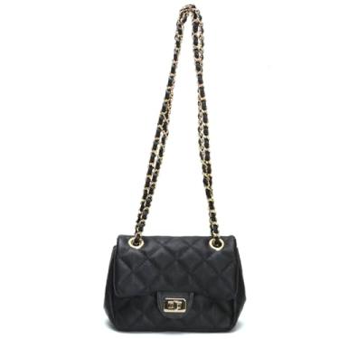 Imagem de Bolsa Cosenza Feminina Mini Bag, Couro Legítimo Matelassê, Alça Corrente (Preto C/Dourado)