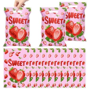 Imagem de Bolsa de lembrancinhas de festa de morango, 50 peças – Bolsa rosa para biscoitos com alças, tema de frutas vermelhas de plástico para meninas, meninos, doces, aniversários, chás de bebê