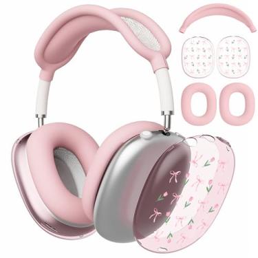 Imagem de AdorableWhimsy Capa de tulipa com laço para AirPods Max, capas de fone de ouvido/capa de fone de ouvido, capa protetora de acessórios de silicone rosa para Apple AirPods Max (2020/2024)