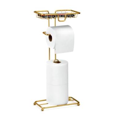 Imagem de Porta Papel Higiênico De Chão Com Suporte Para Celular Dourado Preto Cromado(Dourado)