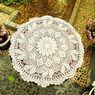 Imagem de golo Toalha de mesa de renda de crochê feita à mão de algodão com sobreposição branca, redonda, 23 polegadas, 60 cm