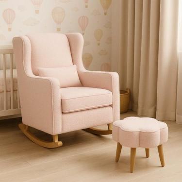 Imagem de Poltrona de Balanço Para Amamentação com Puff em Bouclé Rosa - Divani,