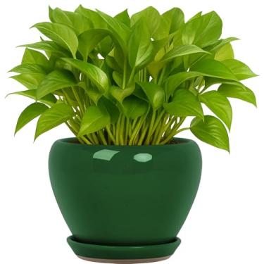 Imagem de Deep Dream Vasos de plantas de 15 cm - Vaso de cerâmica com orifício de drenagem e pires, vaso de flores redondo para suculentas internas e externas, plantas de cobra e cacto, verde