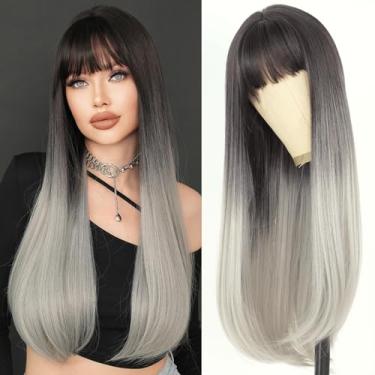 Imagem de 7JHH WIGS Peruca longa reta cinza preta com franja 71 cm peruca ombré com raízes negras perucas sintéticas de fibra resistente ao calor natural para mulheres, meninas, festivais de férias, Natal