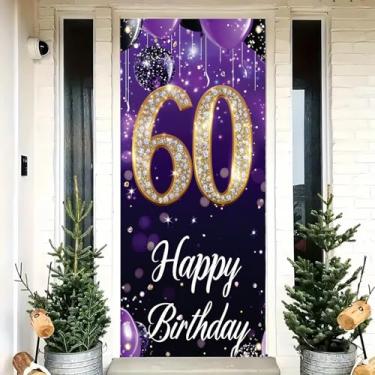 Imagem de Saoplasa Decoração de porta de aniversário de 60 anos 188 x 89 cm roxo e dourado com glitter balão banner para festa de sexagésimo aniversário, decoração de parede de fundo feliz de 60 anos para