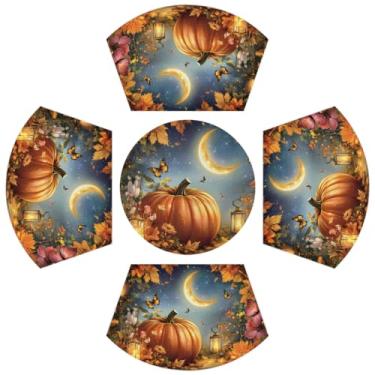Imagem de Conjunto de 5 jogos americanos de mesa redonda com tapete redondo de mesa central, folhas de abóbora de outono de Ação de Graças, resistente ao calor, tapete de mesa de PVC antiderrapante para cozinha